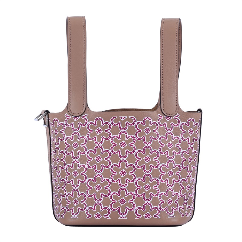 愛馬仕 Hermes Picotin Lock 14 Micro 菜籃子包 U刻 棕紅小花PICOTIN14 MICRO 防塵袋/鎖組