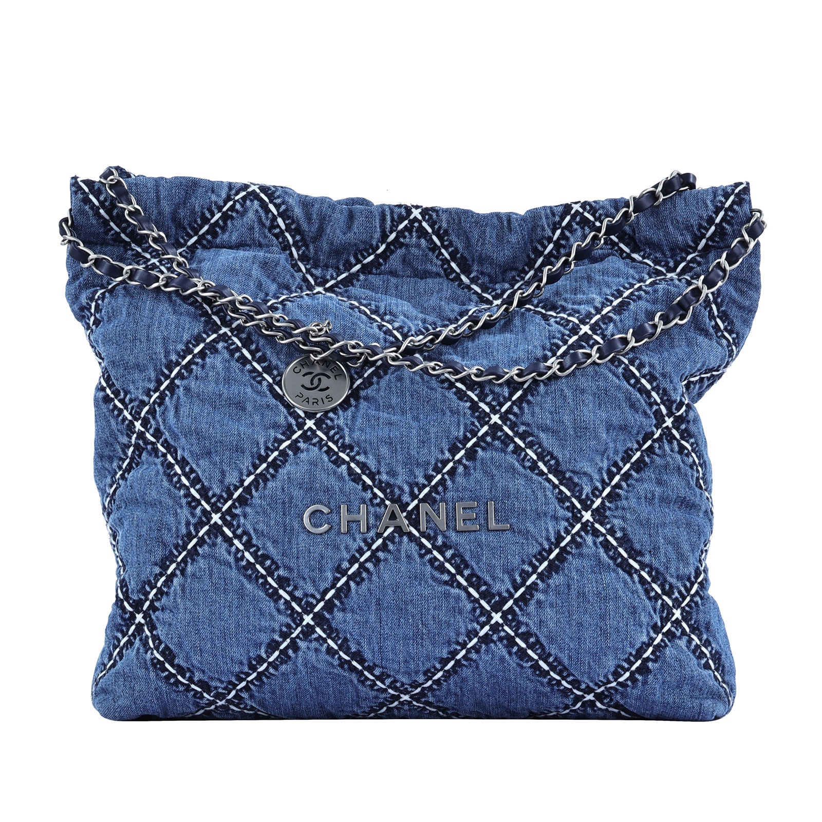 香奈兒 CHANEL 22 菱格紋 單寧 束口 單肩包  晶片款 丹寧22包 小號 無附屬品