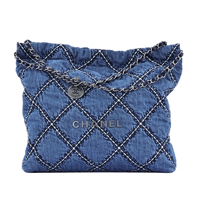 香奈兒 CHANEL 22 菱格紋 單寧 束口 單肩包  晶片款 丹寧22包 小號 無附屬品