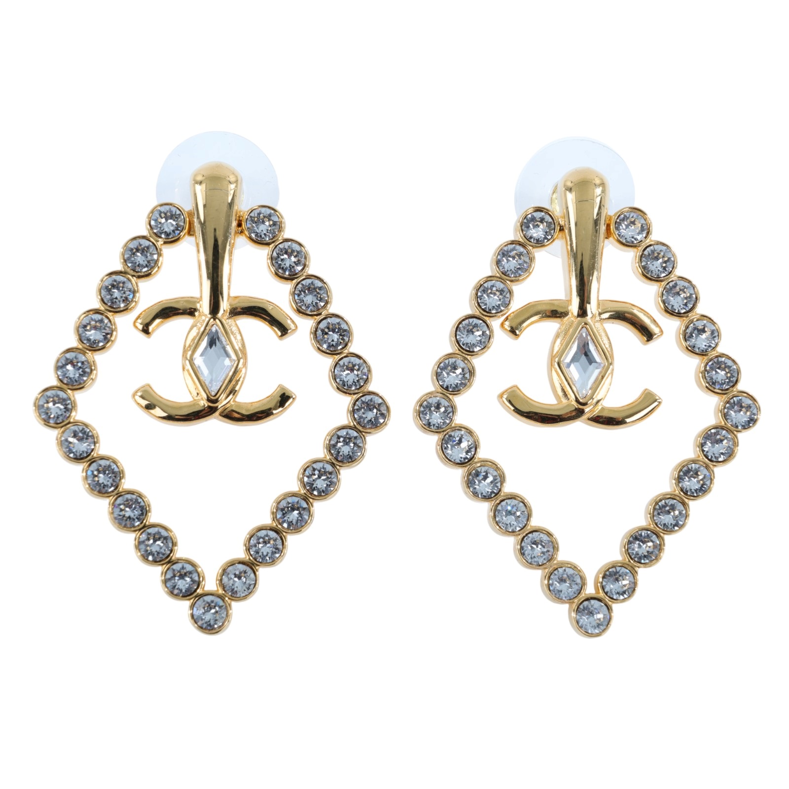 香奈兒 CHANEL CC LOGO 耳環 耳釘 AB9927 B09972L23 C 金色水鑽菱形耳環 原廠盒子/內襯