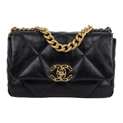 香奈兒 CHANEL 19 口蓋包 菱格紋 金銀鍊帶 手提 肩背包 AS1160 晶片款 黑羊19包 26CM 無附屬品
