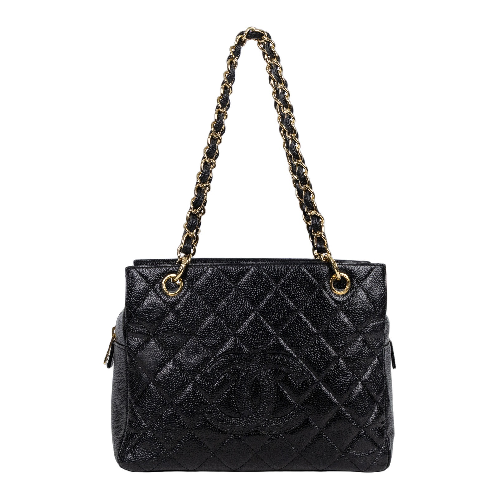 香奈兒 CHANEL PST Petite Shopping Tote CC Logo 菱格 荔枝紋 肩背 托特包  7開黑荔枝托特鍊包 保證卡