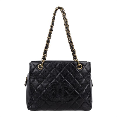 香奈兒 CHANEL PST Petite Shopping Tote CC Logo 菱格 荔枝紋 肩背 托特包  7開黑荔枝托特鍊包 保證卡