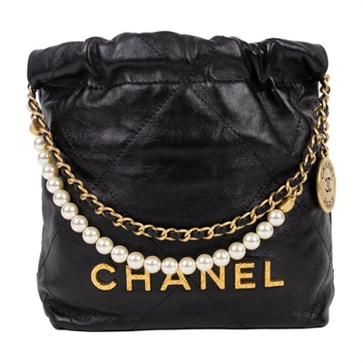 香奈兒 CHANEL 22 迷你 束口包 AS3980 晶片款 黑金珍珠鍊 22 MINI 防塵袋
