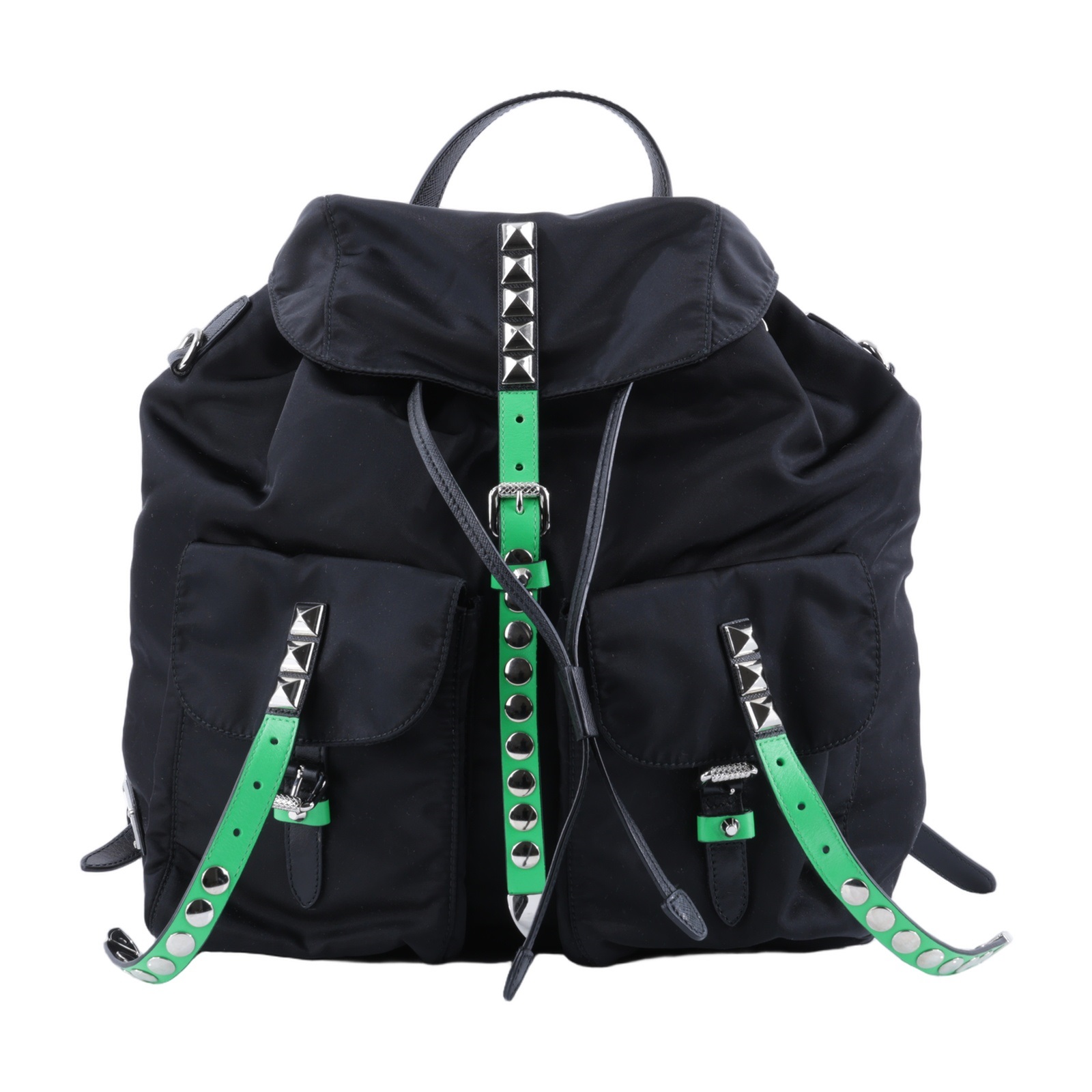 普拉達 PRADA New Vela 後背包 1BZ811_2BYB 黑綠尼龍鉚釘後背包 防塵袋