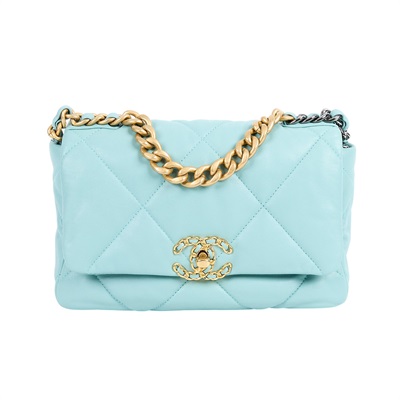 香奈兒 CHANEL 19 口蓋包 菱格紋 金銀鍊帶 手提 肩背包 AS1160 29開水藍19包26CM 保證卡