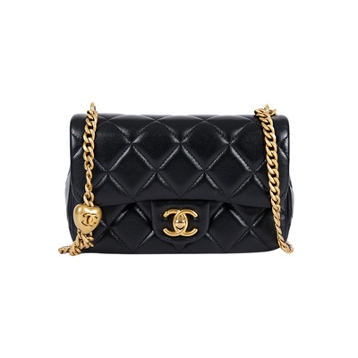 香奈兒 CHANEL Mini Coco 菱格紋 愛心金球 方胖 AS3828 晶片款 黑金羊愛心調節扣方胖 防塵袋/原廠盒子