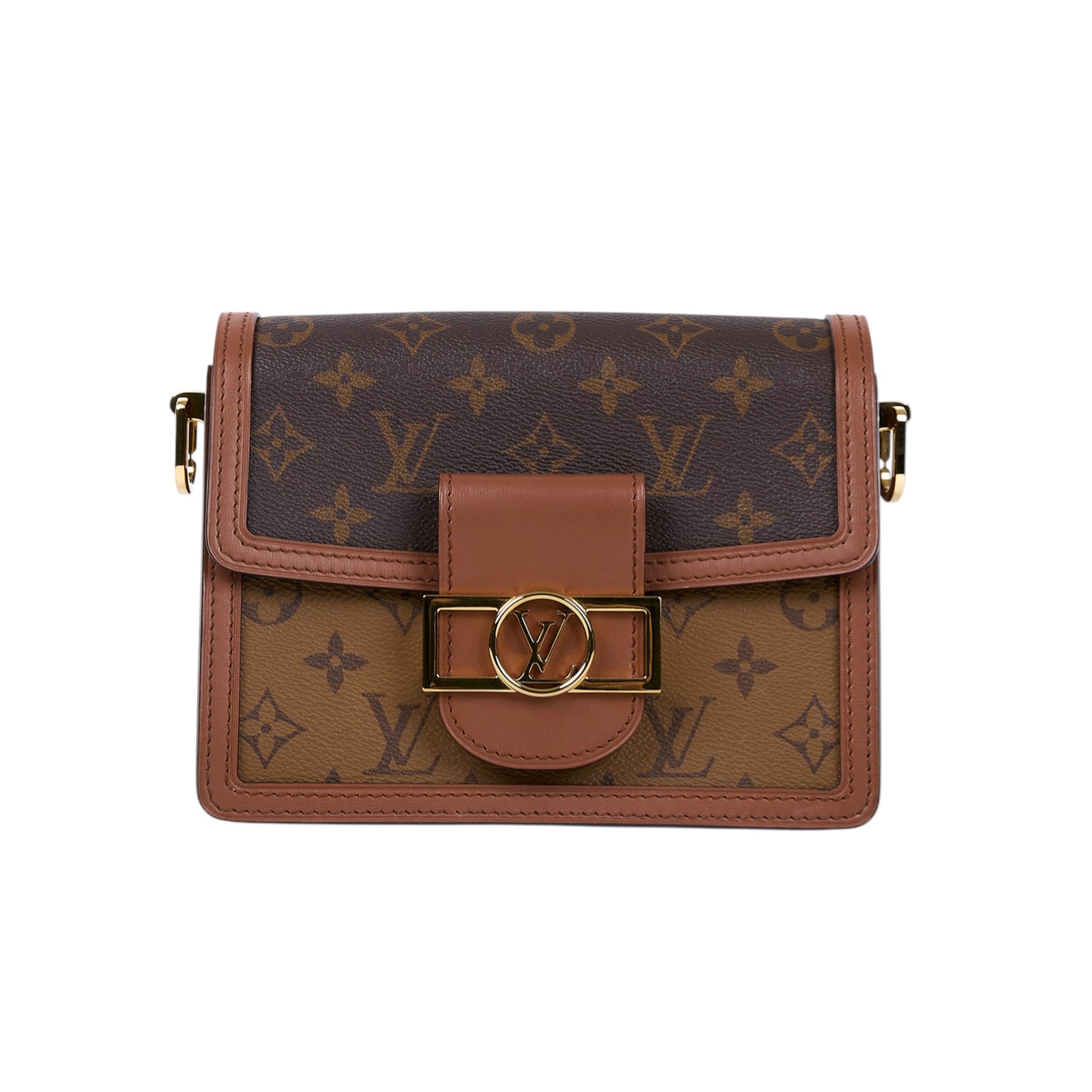 路易威登 LOUIS VUITTON Mini Dauphine 達芙妮 Reverse皮革飾邊 帆布肩背 斜背包 M45959 晶片款  原廠盒子/防塵袋/購買證明