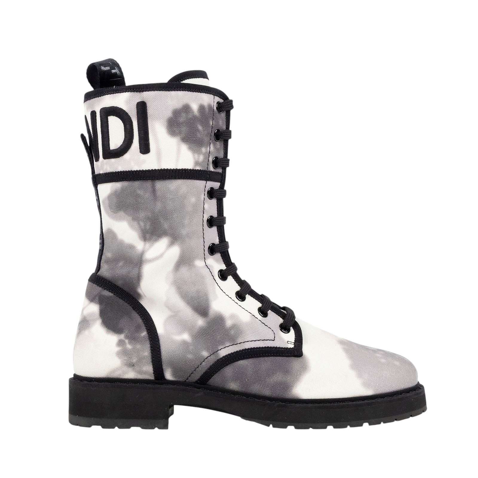 芬迪 FENDI 花卉印花 機車靴  黑灰水墨帆布中筒靴 無附屬品