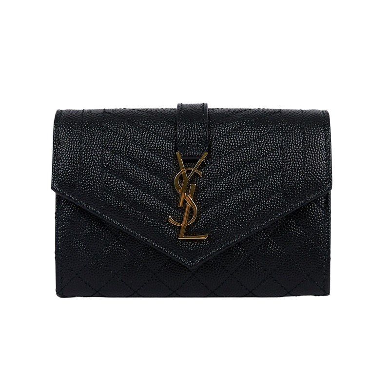 聖羅蘭 YSL SAINT LAURENT Envelope 錢包 短夾 651026BOW91 黑魚子醬皮暗釦零錢包 原廠盒子/防塵袋