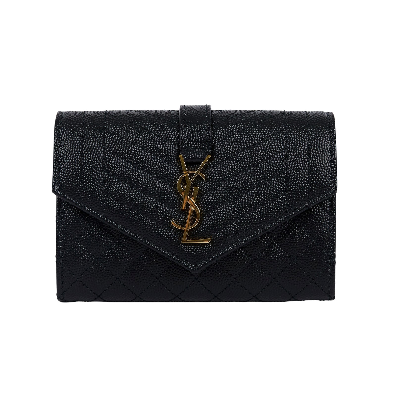 聖羅蘭 YSL SAINT LAURENT Envelope 錢包 短夾 651026BOW91 黑魚子醬皮暗釦零錢包 原廠盒子/防塵袋