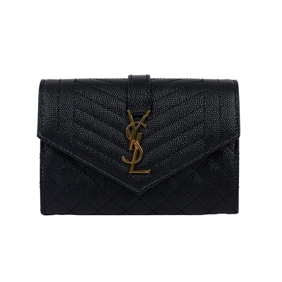 聖羅蘭 YSL SAINT LAURENT Envelope 錢包 短夾 651026BOW91 黑魚子醬皮暗釦零錢包 原廠盒子/防塵袋