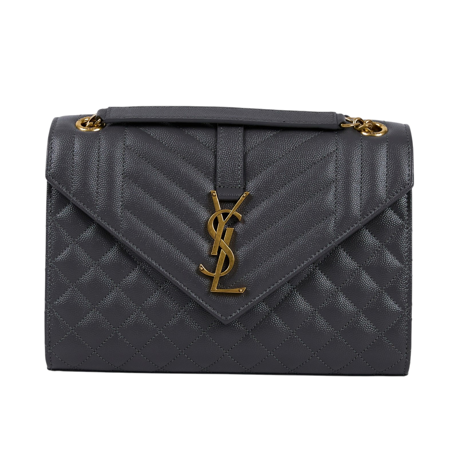 聖羅蘭 YSL SAINT LAURENT Envelope 灰色 粒面絎縫 牛皮 中型 信封袋 金色五金 600185BOW91  防塵袋