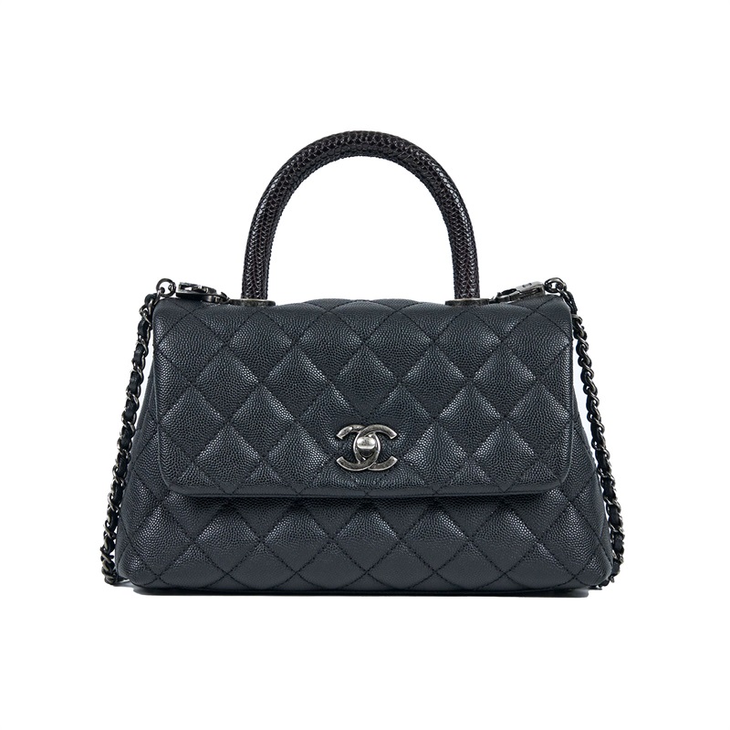 香奈兒 CHANEL Handle 24 手提 口蓋包 A92990 23開黑銀荔枝牛COCO HANDLE23 蜥蜴皮手把 原廠盒子/防塵袋/保證卡