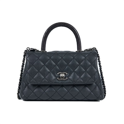 香奈兒 CHANEL Handle 24 手提 口蓋包 A92990 23開黑銀荔枝牛COCO HANDLE23 蜥蜴皮手把 原廠盒子/防塵袋/保證卡