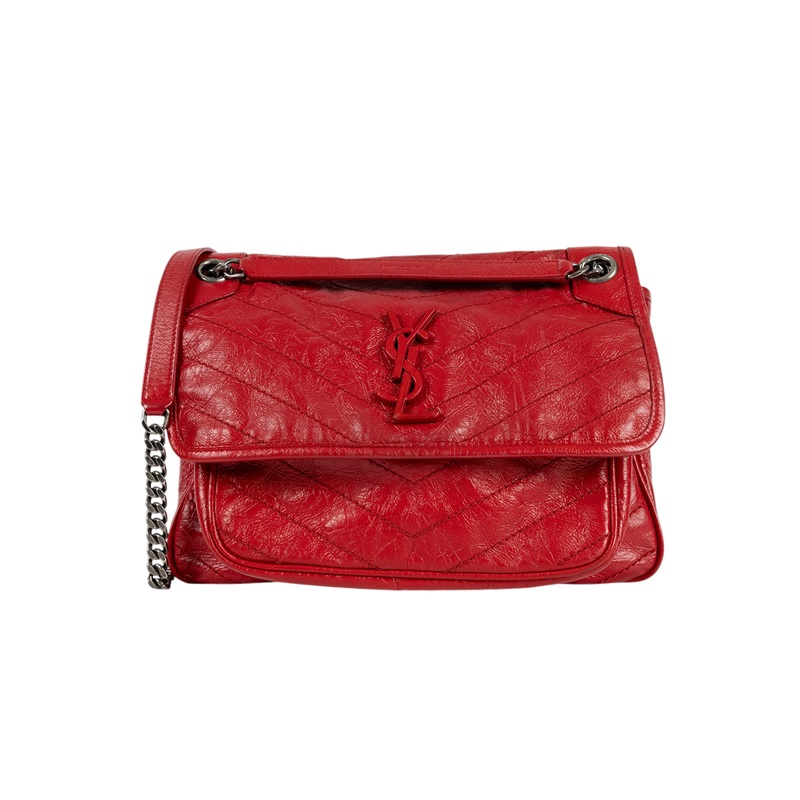 聖羅蘭 YSL SAINT LAURENT NIKI  復古皮革 山型紋 翻蓋 肩背包 中型 4988940EN04 紅油蠟皮NIKI MEDIUM 無附屬品