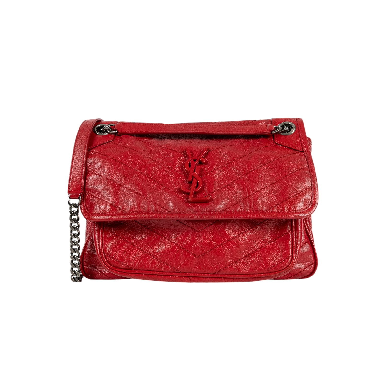 聖羅蘭 YSL SAINT LAURENT NIKI  復古皮革 山型紋 翻蓋 肩背包 中型 4988940EN04 紅油蠟皮NIKI MEDIUM 無附屬品