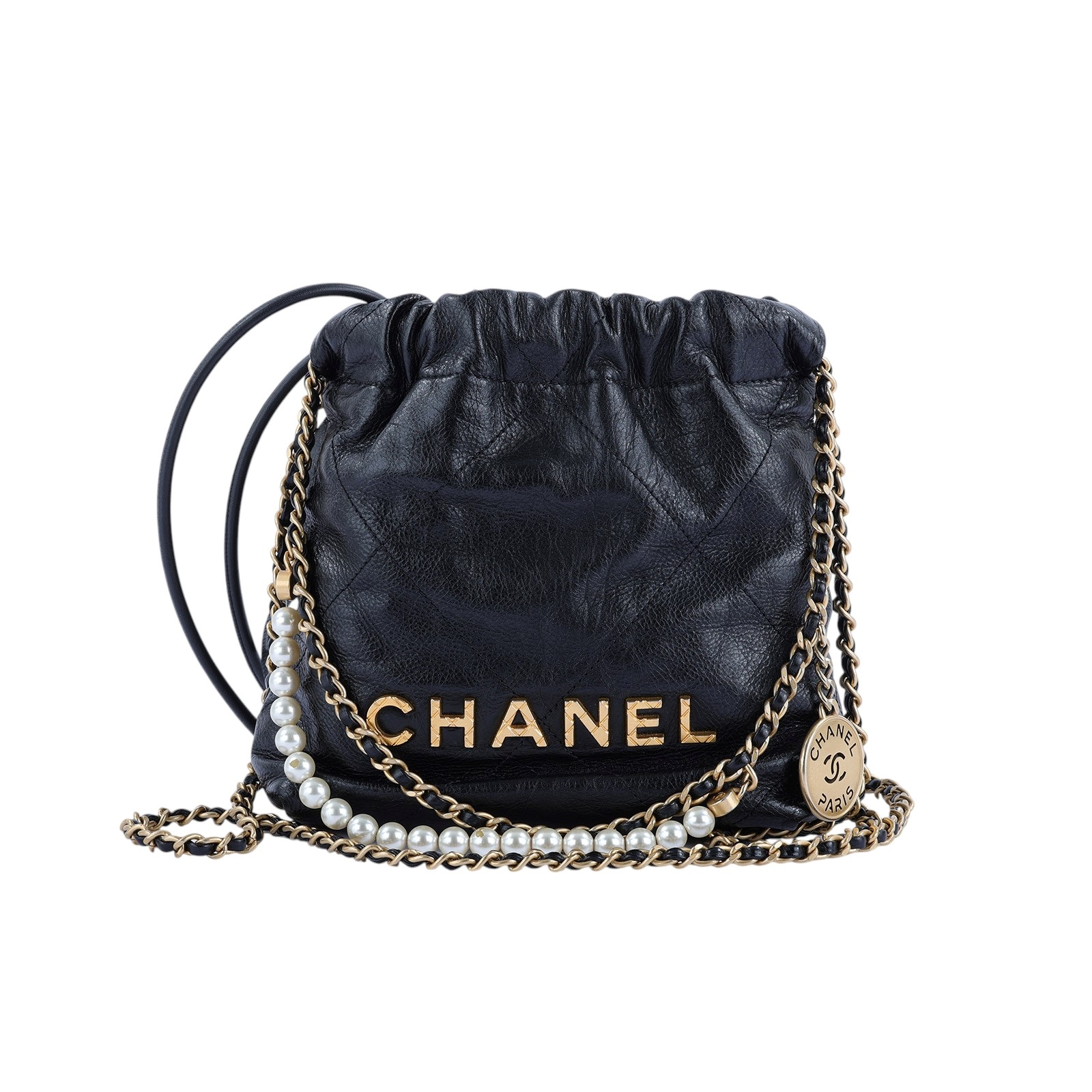 香奈兒 CHANEL 22 迷你 束口包 AS3980 晶片款 黑金牛珍珠荔枝22 MINI BAG 原廠盒子/防塵袋/購買證明影本