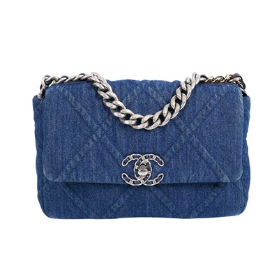 香奈兒 CHANEL 19 口蓋包 菱格紋 金銀鍊帶 手提 肩背包 AS1160 晶片款 藍銀牛仔19 26CM 原廠盒子/防塵袋