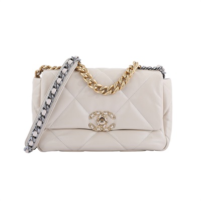 香奈兒 CHANEL 19 口蓋包 菱格紋 金銀鍊帶 手提 肩背包 AS1160 米色羊皮金扣19包26CM 原廠盒子/防塵袋/保證卡
