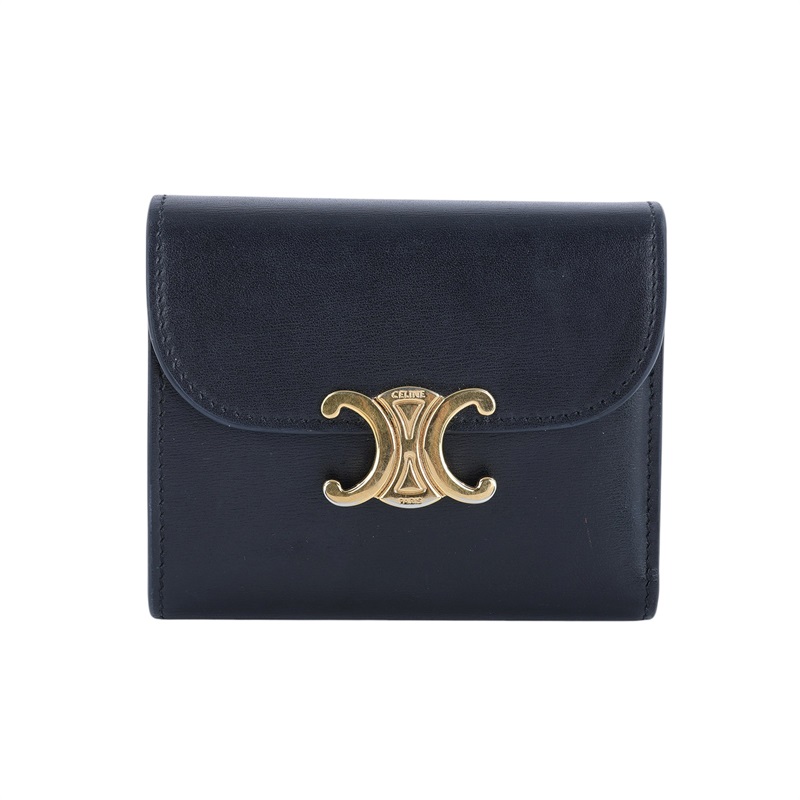 思琳 CELINE 亮面牛皮革 小型 TRIOMPHE COMPACT 銀包連零錢格 10D783DPV 黑凱旋門翻蓋三折短夾 原廠盒子/防塵袋