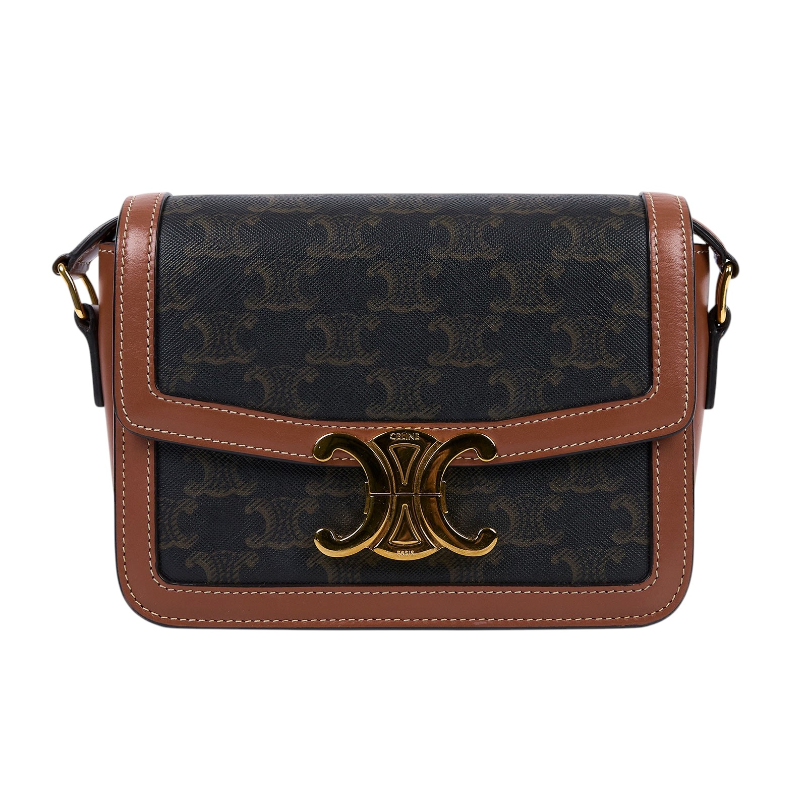 思琳 CELINE 標誌印花 牛皮革 Teen Triomphe 凱旋門 肩背包 188882BZ4 棕帆布凱旋門 TEEN 原廠盒子/防塵袋/發票