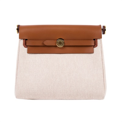 愛馬仕 Hermes Herbag Zip 20 HER20 W刻 金棕拼米白帆布HERBAG20 原廠盒子/防塵袋/背帶