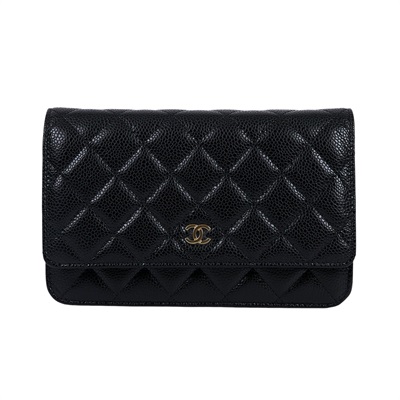 香奈兒 CHANEL 經典鏈子皮夾 菱格紋 CC LOGO AP0250 黑金荔枝牛WOC 原廠盒子/防塵袋