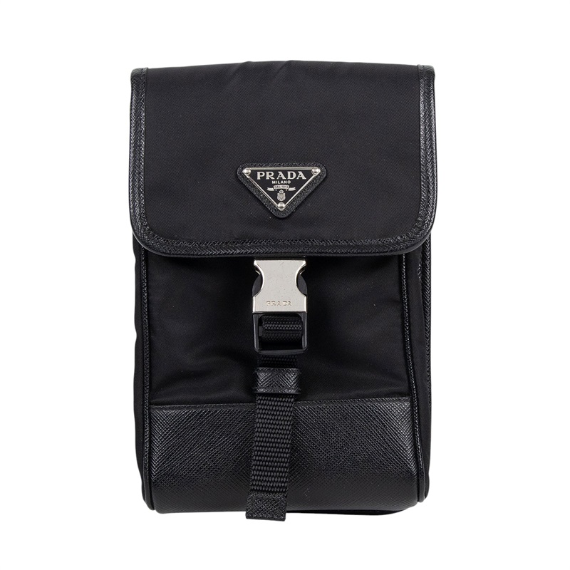 普拉達 PRADA Re-Nylon Saffiano 皮革 智慧型手機 保護套 2ZH109_2DMH 黑尼龍肩背包 原廠盒子/防塵袋