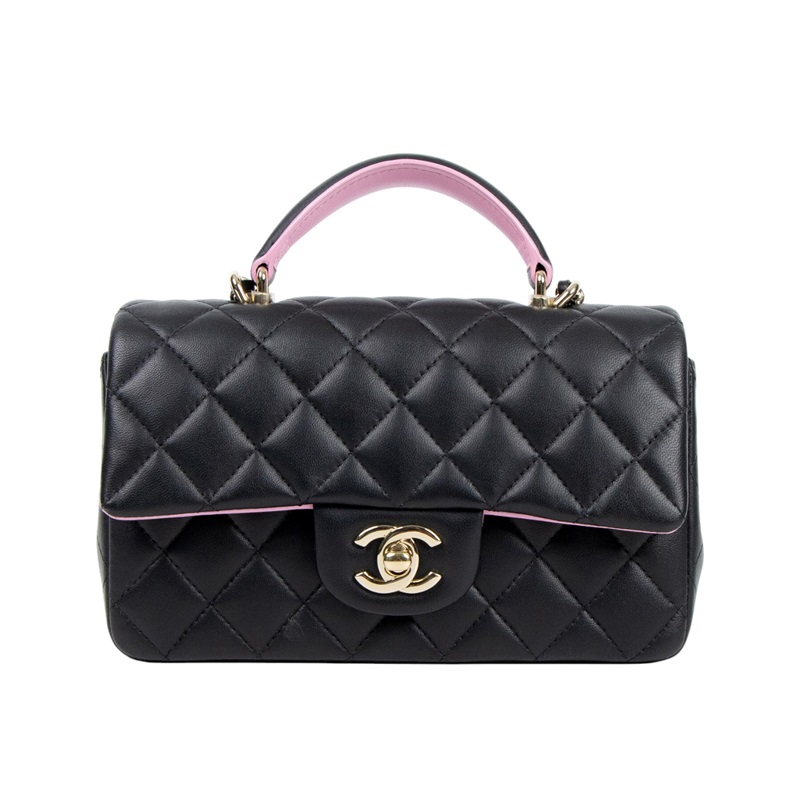 香奈兒 CHANEL Coco 20  Handle 肩背 斜背 迷你 口蓋包 AS2431 黑拼粉羊皮手提COCO20 無附屬品