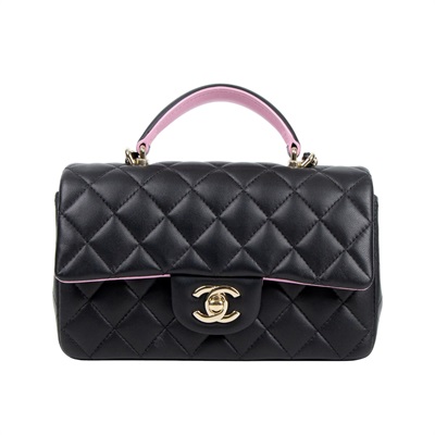 香奈兒 CHANEL Coco 20  Handle 肩背 斜背 迷你 口蓋包 AS2431 黑拼粉羊皮手提COCO20 無附屬品