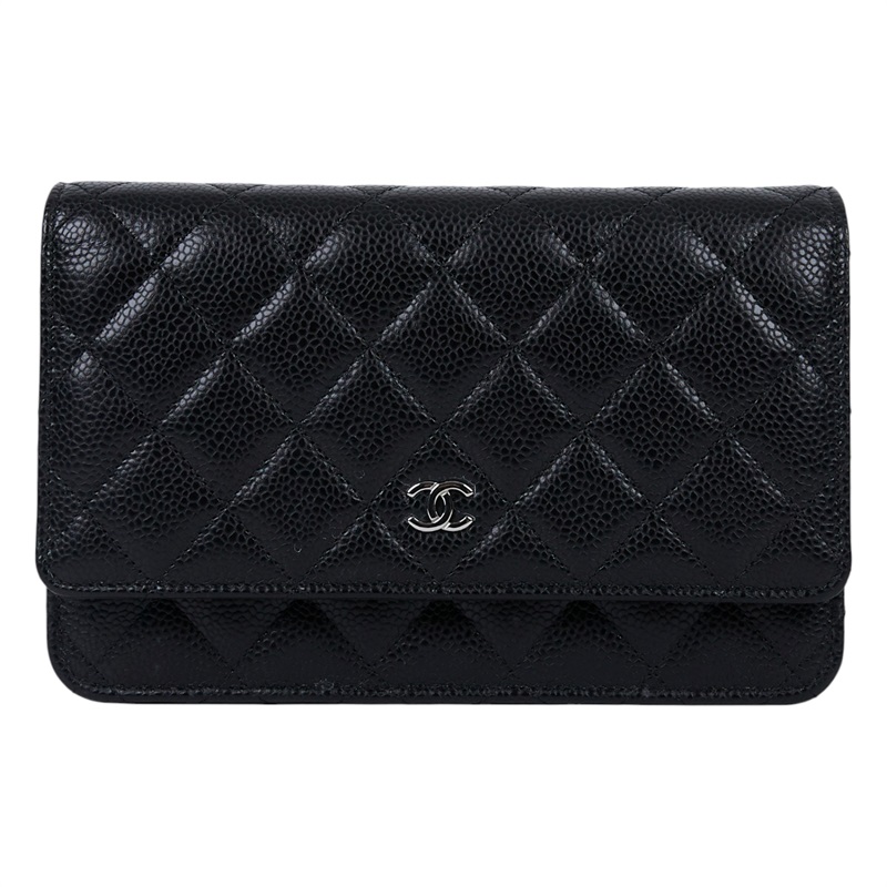 香奈兒 CHANEL 經典鏈子皮夾 菱格紋 CC LOGO AP0250 Y01588 晶片款 黑銀荔枝WOC 原廠盒子/防塵袋/購買證明