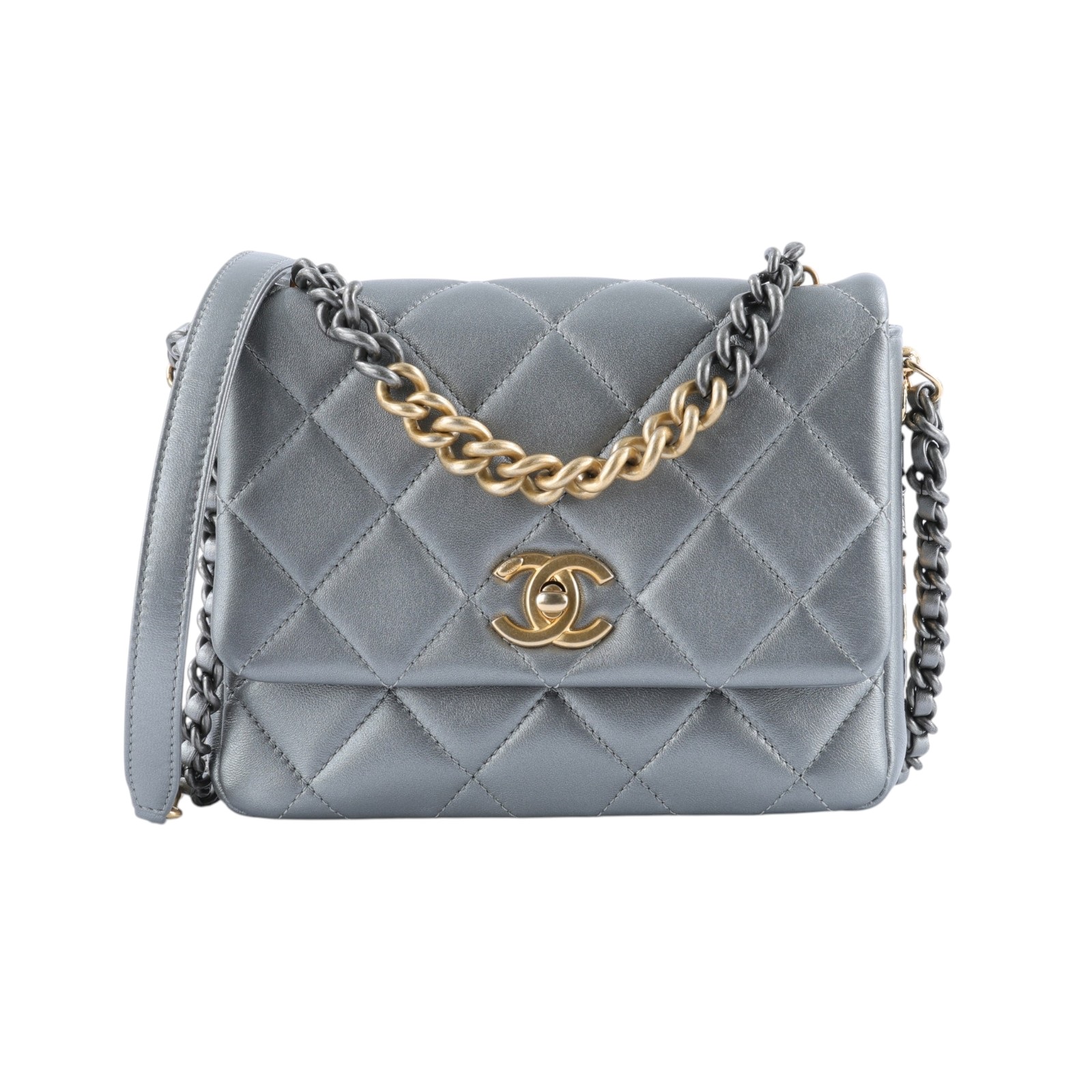 香奈兒 CHANEL Side Note CF 迷你口蓋包 手提包 肩背包 斜背包 AS2734 晶片款 銀牛皮立體LOGO口蓋包 防塵袋
