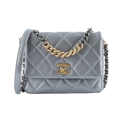 香奈兒 CHANEL Side Note CF 迷你口蓋包 手提包 肩背包 斜背包 AS2734 晶片款 銀牛皮立體LOGO口蓋包 防塵袋