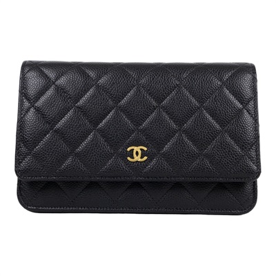 香奈兒 CHANEL 經典鏈子皮夾 菱格紋 CC LOGO AP0250 晶片款 黑金荔枝牛WOC 防塵袋