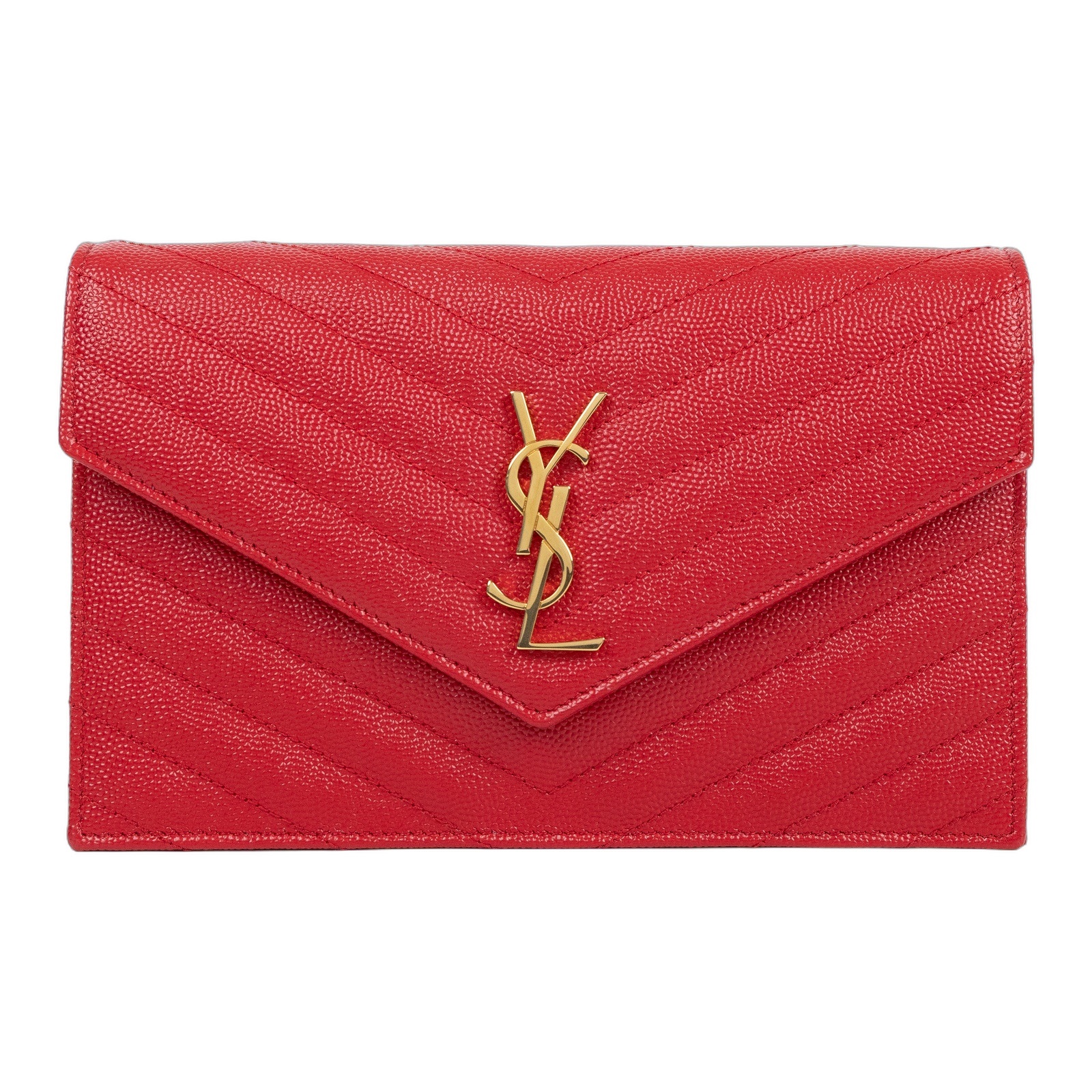 聖羅蘭 YSL SAINT LAURENT 山形紋 鏈袋 信封包 金扣 393953BOW01 紅金魚子醬WOC 原廠盒子/防塵袋/背帶
