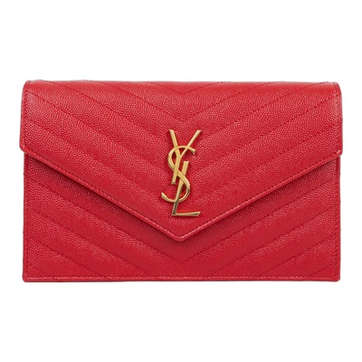 聖羅蘭 YSL SAINT LAURENT 山形紋 鏈袋 信封包 金扣 393953BOW01 紅金魚子醬WOC 原廠盒子/防塵袋/背帶
