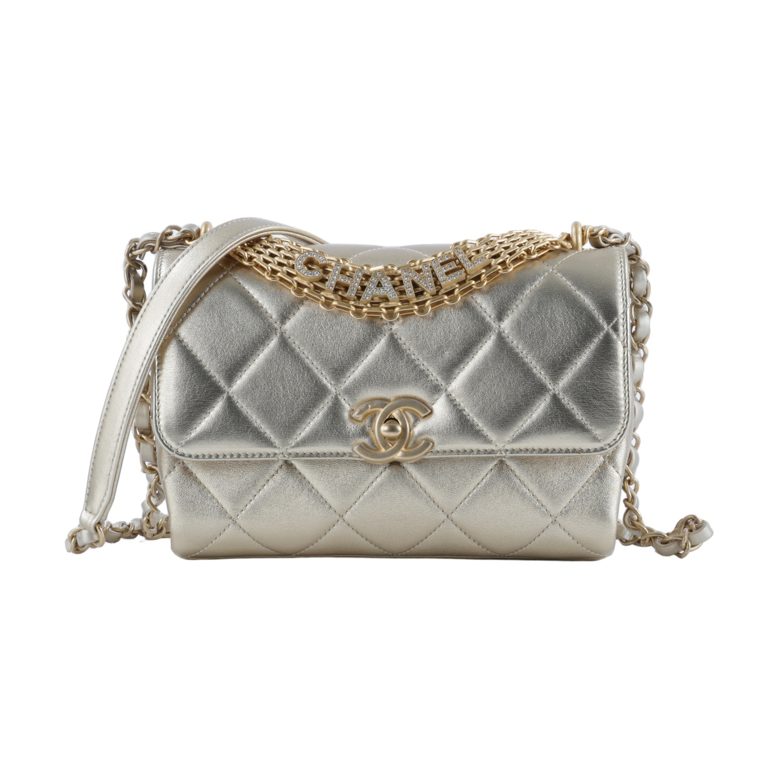 香奈兒 CHANEL Handle 口蓋包 AS3240  金色羊皮水鑽HANDLE 肩背包 無附屬品