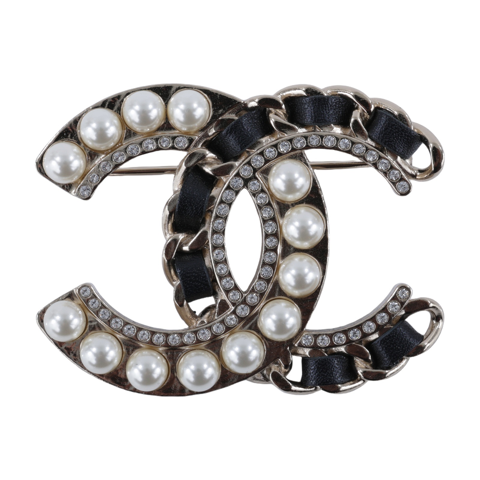 香奈兒 CHANEL CC LOGO 胸針 AB0128 Y47479AB0128/B19V 金色皮穿繩拚珍珠胸針 原廠盒子/內襯/購買證明