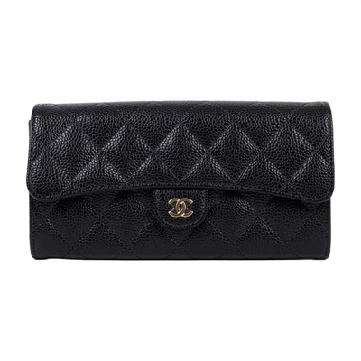 香奈兒 CHANEL 荔枝皮 扣式 翻蓋 二折長夾 金色五金 AP0241 Y01864 晶片款 黑金荔枝長夾 原廠盒子/防塵袋/限定包裝緞帶/購買證明影本