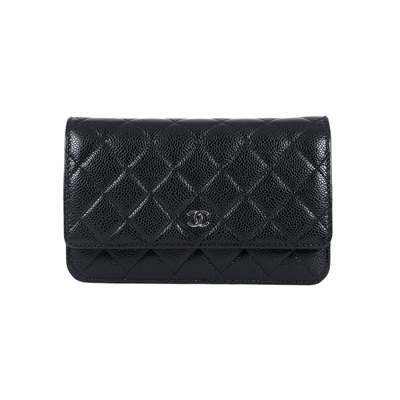 香奈兒 CHANEL 經典鏈子皮夾 菱格紋 CC LOGO AP0250 晶片款 黑銀荔枝WOC 防塵袋/原廠盒子/韓國購買證明正本