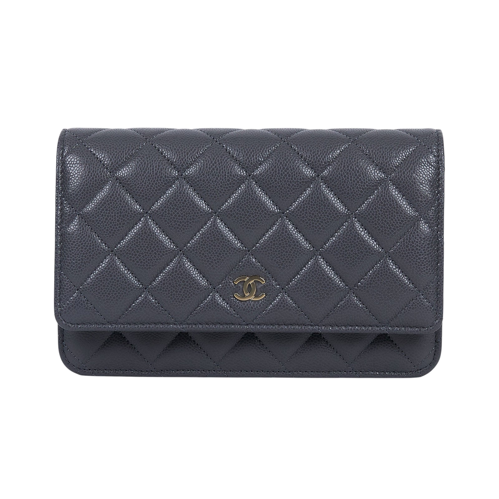 香奈兒 CHANEL 經典鏈子皮夾 菱格紋 CC LOGO AP0250 晶片款 灰淡金荔枝WOC 原廠盒子/防塵袋