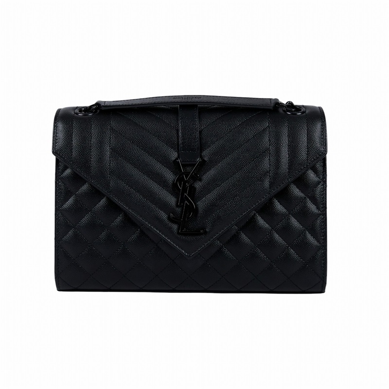 聖羅蘭 YSL SAINT LAURENT Envelope 粒面絎縫皮革 中型 信封袋 黑色五金 600185BOW98 全黑學院包 原廠盒子/防塵袋