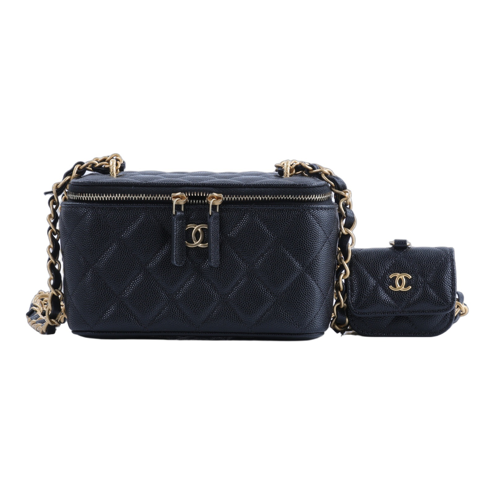 香奈兒 CHANEL Vanity 化妝箱 肩背包 AP3376 B12910 晶片款 黑金荔枝長化妝盒附小包 子包/防塵袋/原廠盒子/購買證明正本