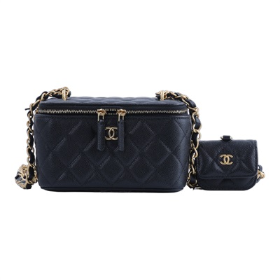 香奈兒 CHANEL Vanity 化妝箱 肩背包 AP3376 B12910 晶片款 黑金荔枝長化妝盒附小包 子包/防塵袋/原廠盒子/購買證明正本