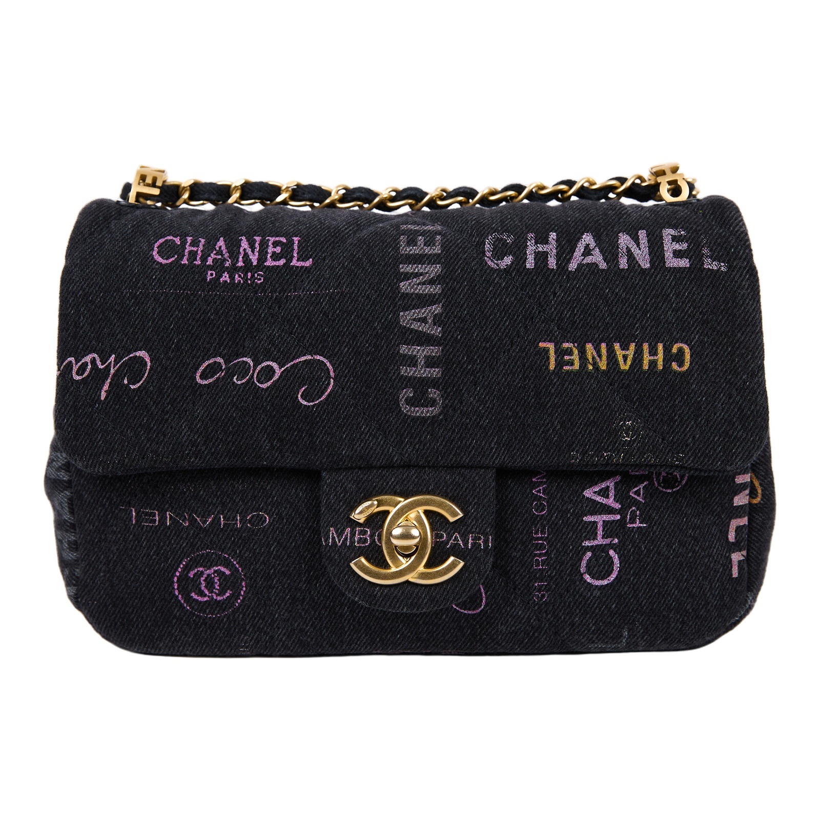 香奈兒 CHANEL 塗鴉 丹寧 肩背 斜背 口蓋包 AS3135_DENIM 黑LOGO丹寧口蓋鏈帶包 防塵袋