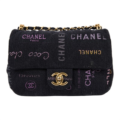 香奈兒 CHANEL 塗鴉 丹寧 肩背 斜背 口蓋包 AS3135_DENIM 黑LOGO丹寧口蓋鏈帶包 防塵袋