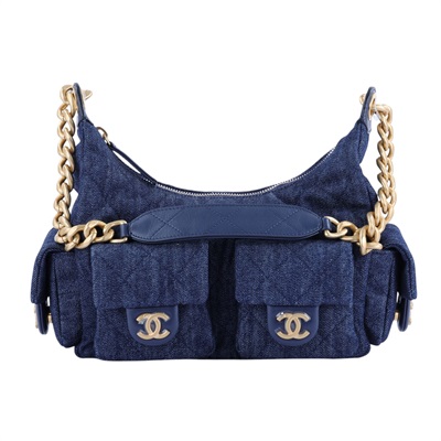 香奈兒 CHANEL 丹寧 流浪包  晶片款 深色牛仔金HOBO 防塵袋/原廠盒子