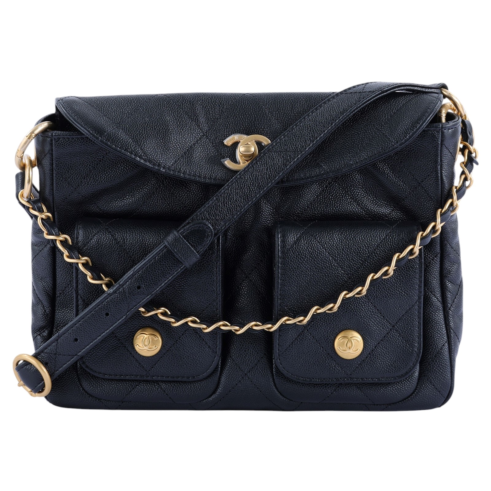 香奈兒 CHANEL 流浪包 雙口袋 郵差包  晶片款 黑金荔枝雙口袋鍊包 防塵袋/原廠盒子