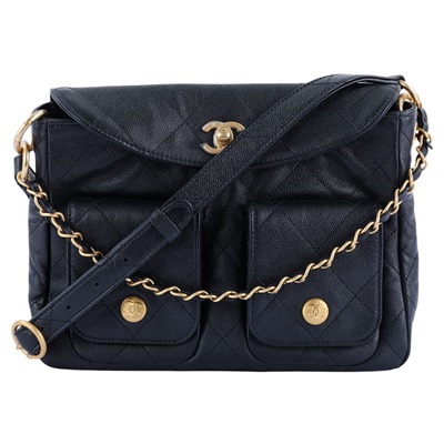 香奈兒 CHANEL 流浪包 雙口袋 郵差包  晶片款 黑金荔枝雙口袋鍊包 防塵袋/原廠盒子